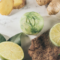 Festes Shampoo Ginger Lemon und Granatapfel mit Sisals&auml;ckchen und Luffahscheibe